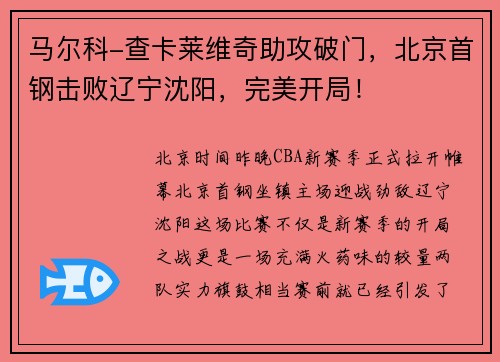 马尔科-查卡莱维奇助攻破门，北京首钢击败辽宁沈阳，完美开局！