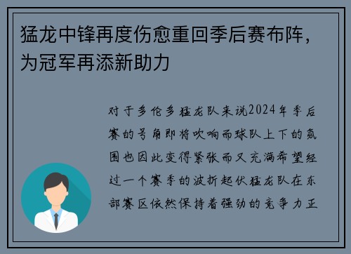 猛龙中锋再度伤愈重回季后赛布阵，为冠军再添新助力