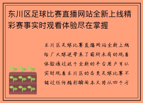 东川区足球比赛直播网站全新上线精彩赛事实时观看体验尽在掌握